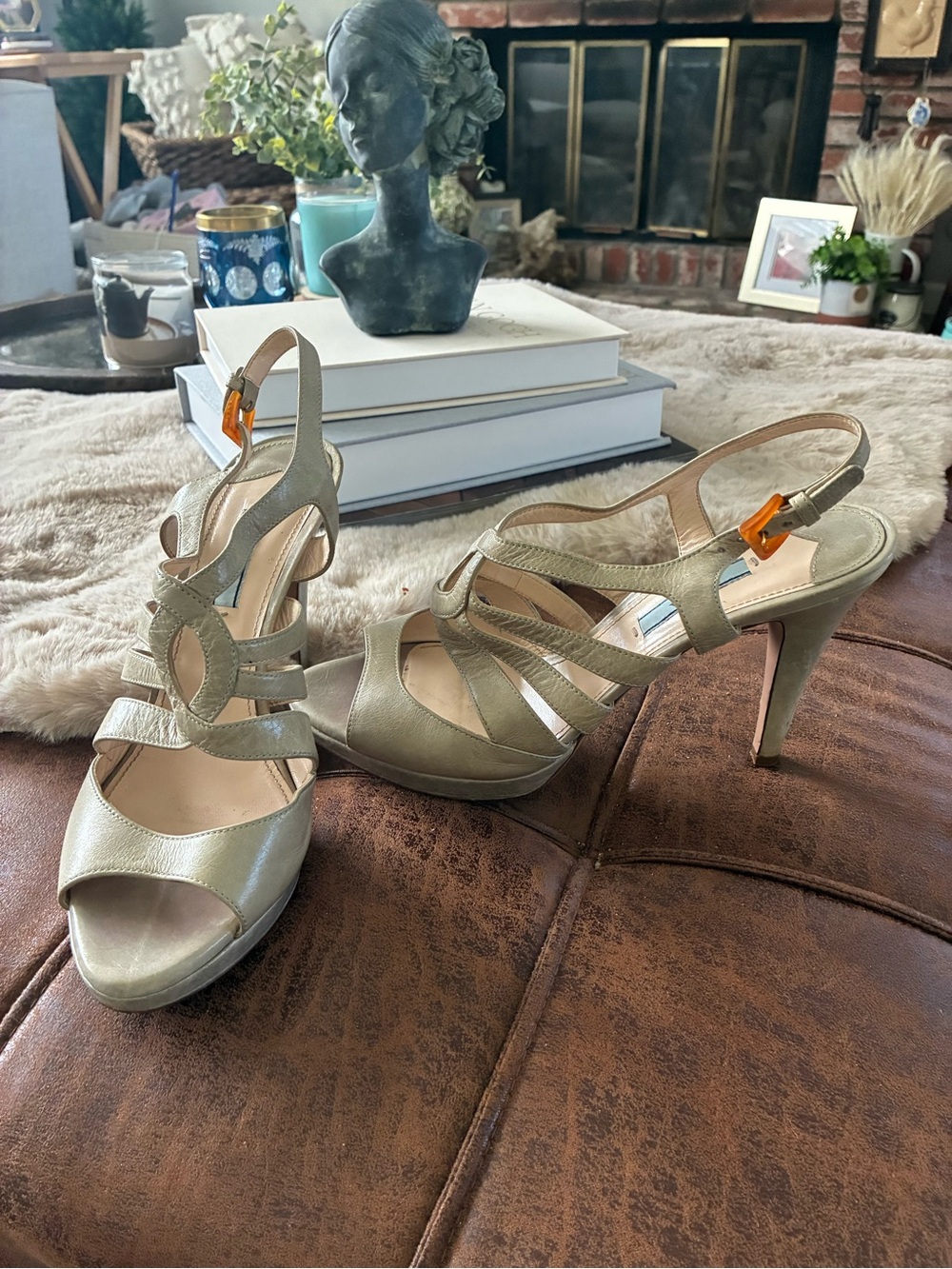 Prada Olive Green Strappy Slingback Heels